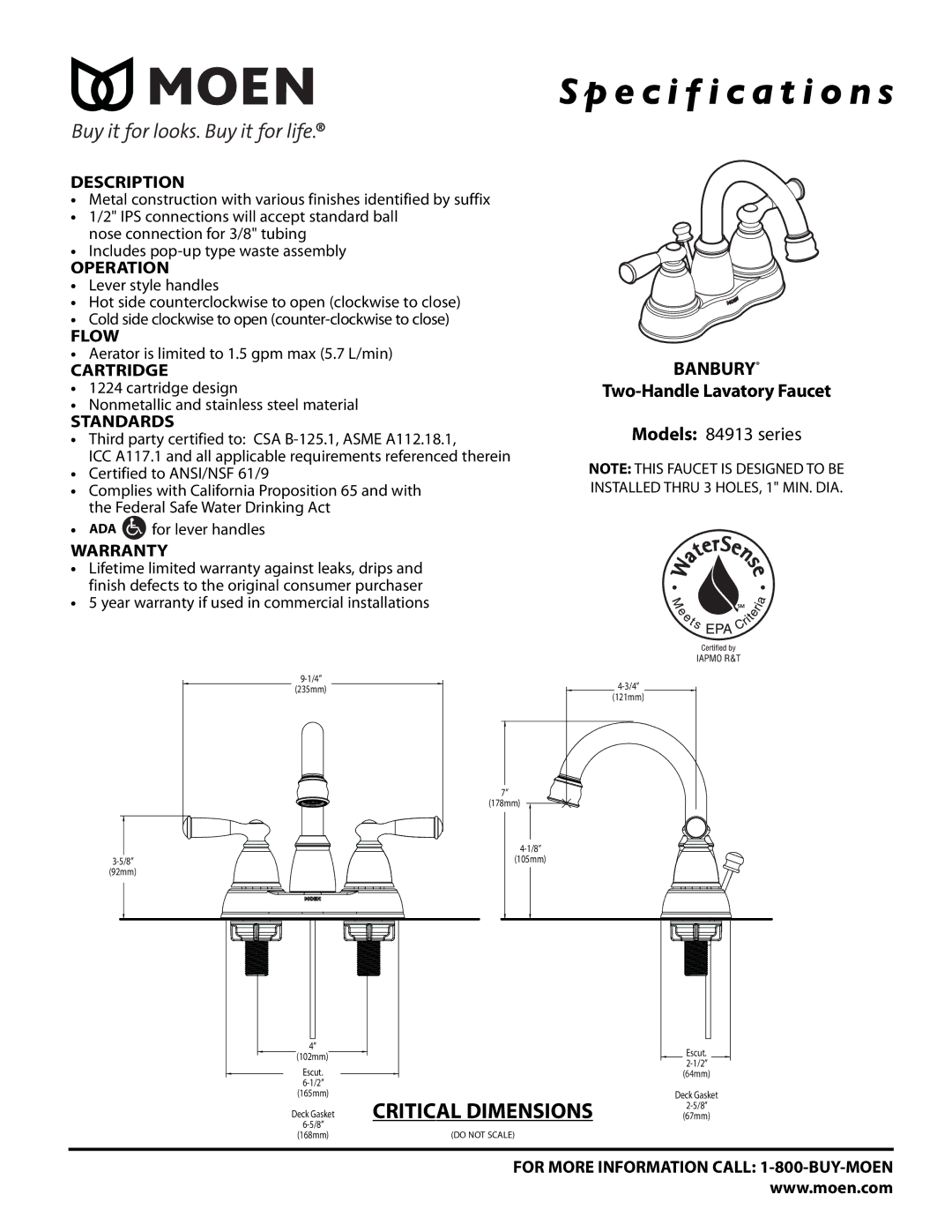 Moen 84913 Series specifications Specification s, Banbury 