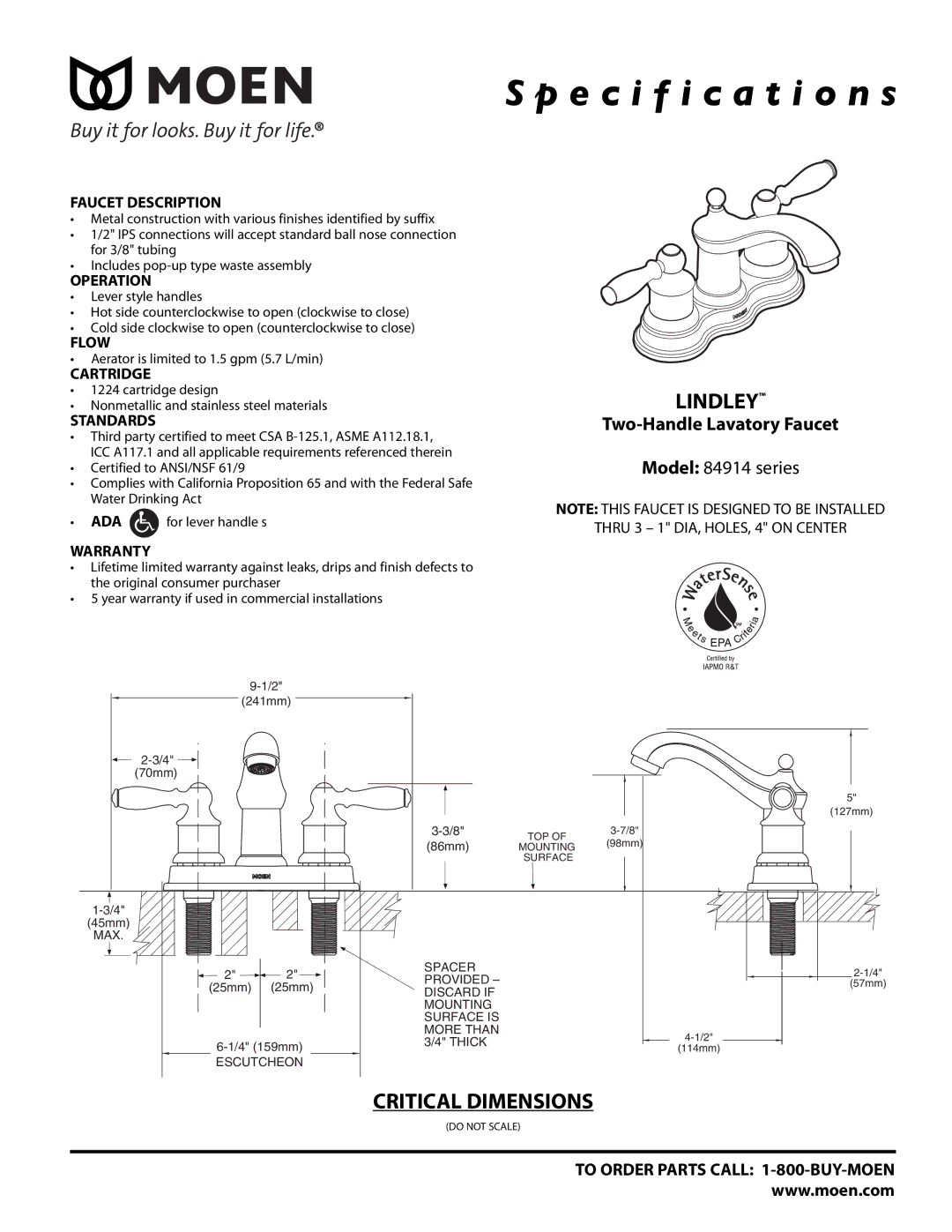 Moen 84914 series specifications Specification s, Lindley, Critical Dimensions, Two-Handle Lavatory Faucet 