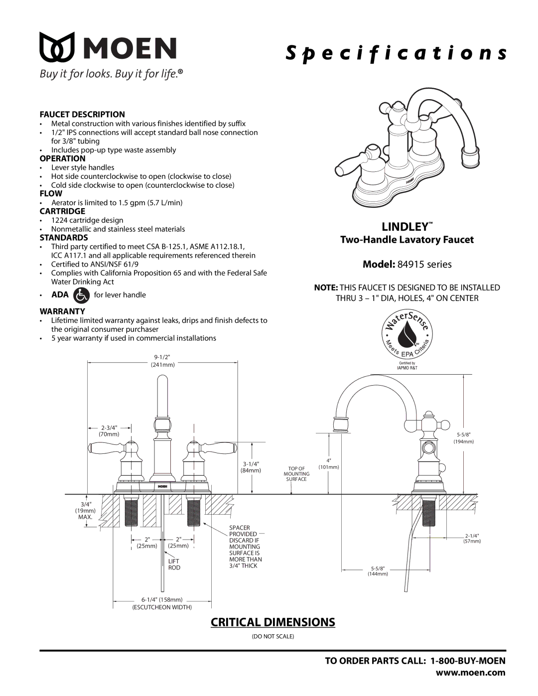 Moen 84915 Series specifications Specification s, Lindley, Critical Dimensions, Two-Handle Lavatory Faucet 