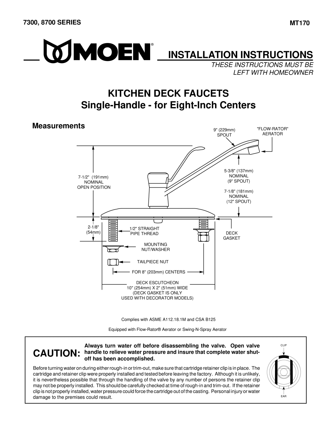 Moen 7300 installation instructions Installation Instructions, Kitchen Deck Faucets, Single-Handle for Eight-Inch Centers 