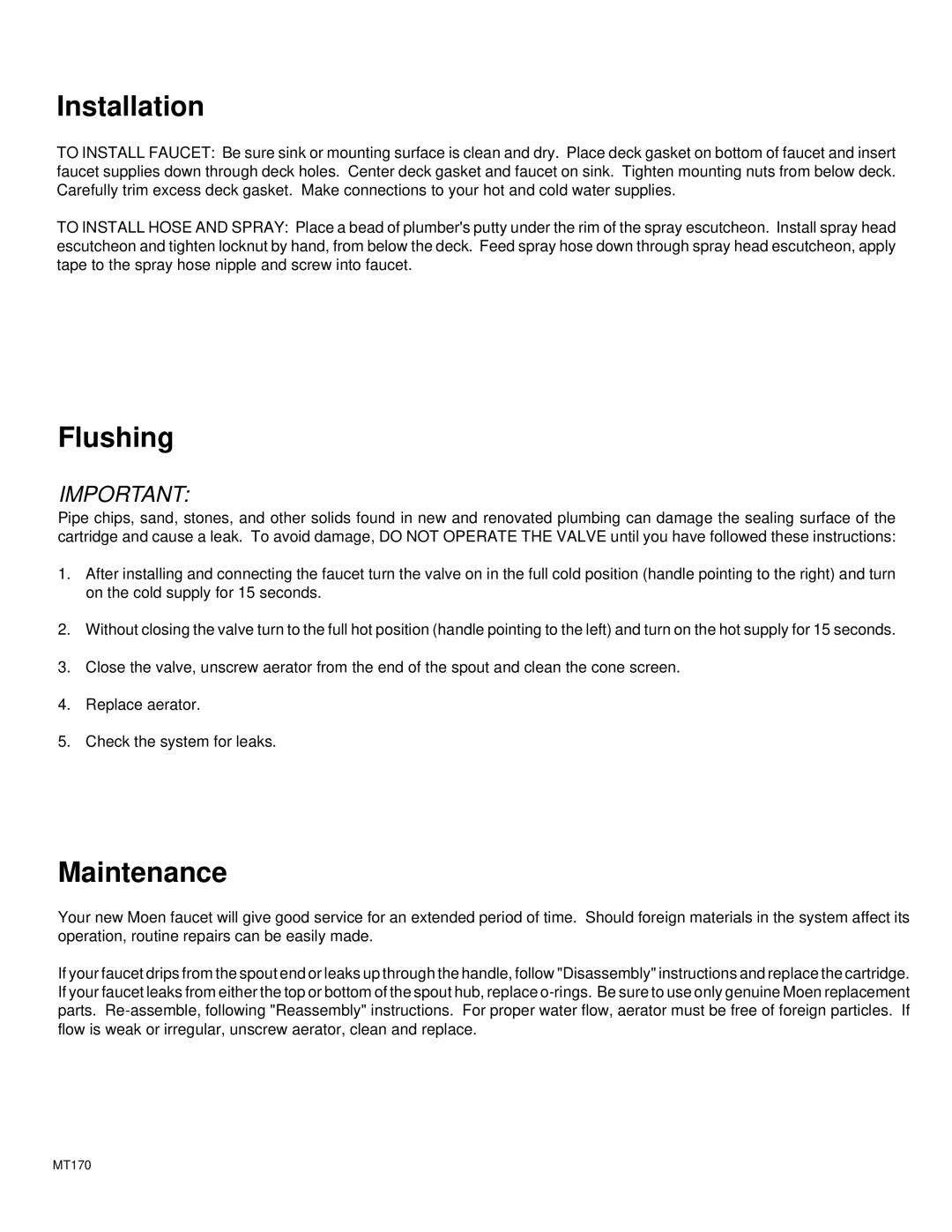 Moen 8700, 7300 installation instructions Installation, Flushing, Maintenance 