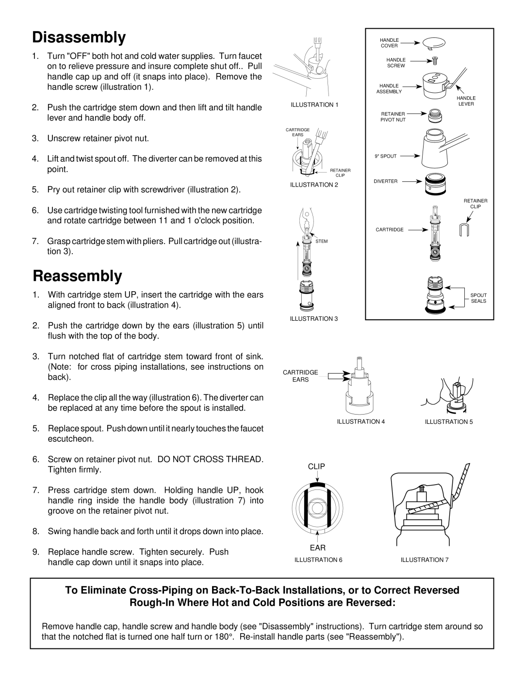 Moen 7300, 8700 installation instructions Disassembly, Reassembly 