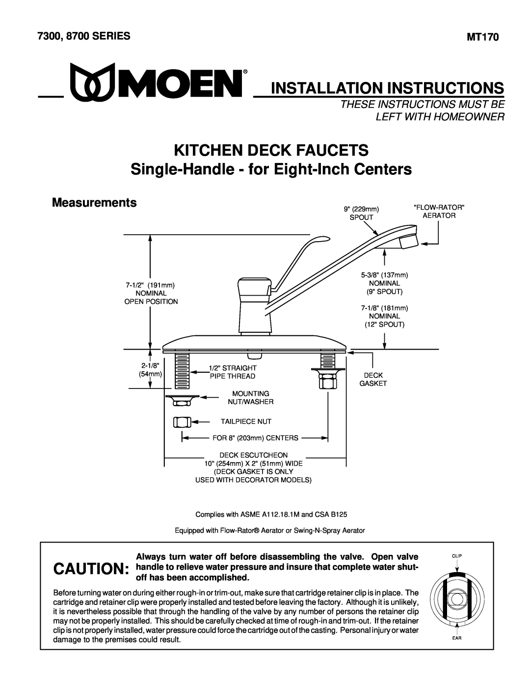 Moen 7300 installation instructions Installation Instructions, Kitchen Deck Faucets, Single-Handle- for Eight-InchCenters 