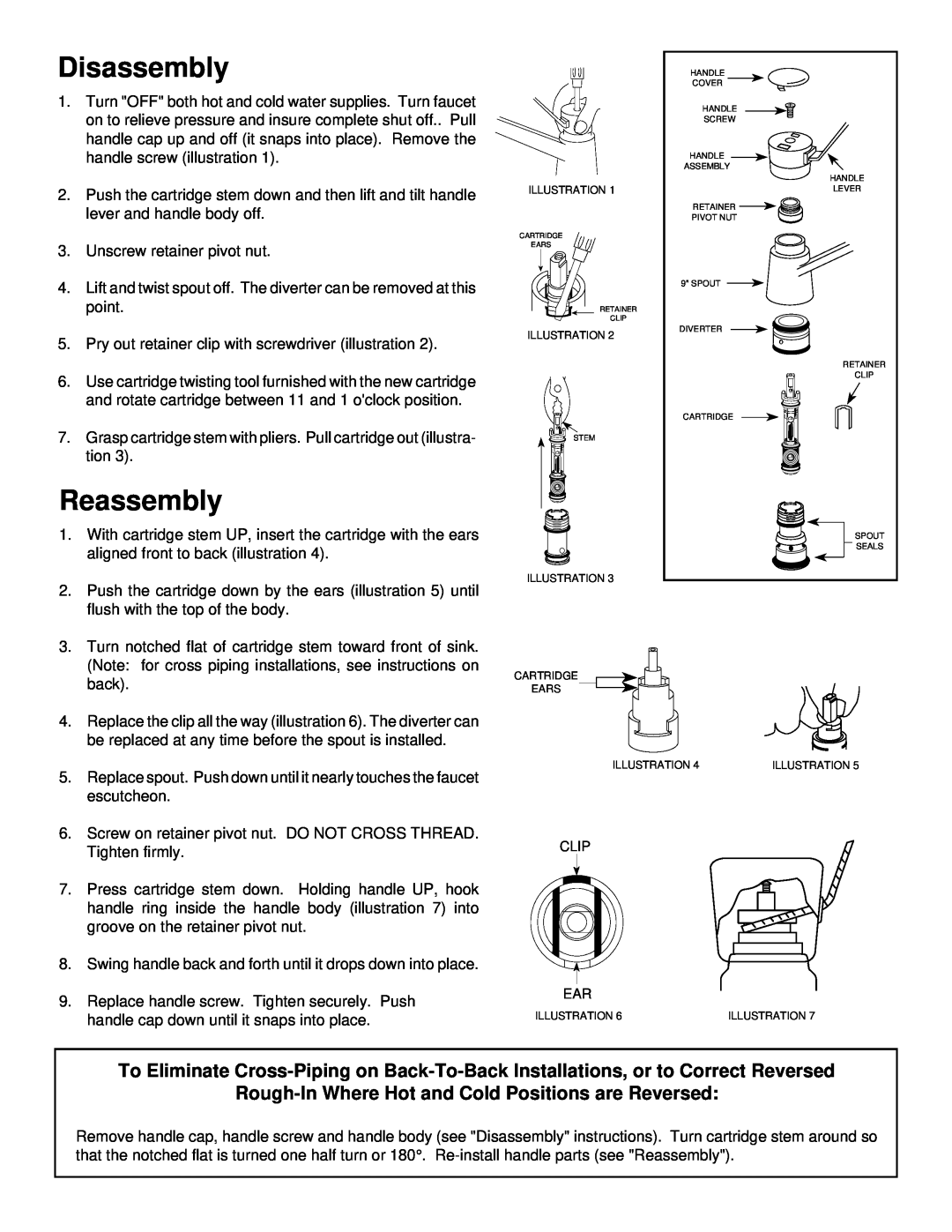 Moen 7300, 8700 installation instructions Disassembly, Reassembly, Rough-InWhere Hot and Cold Positions are Reversed 