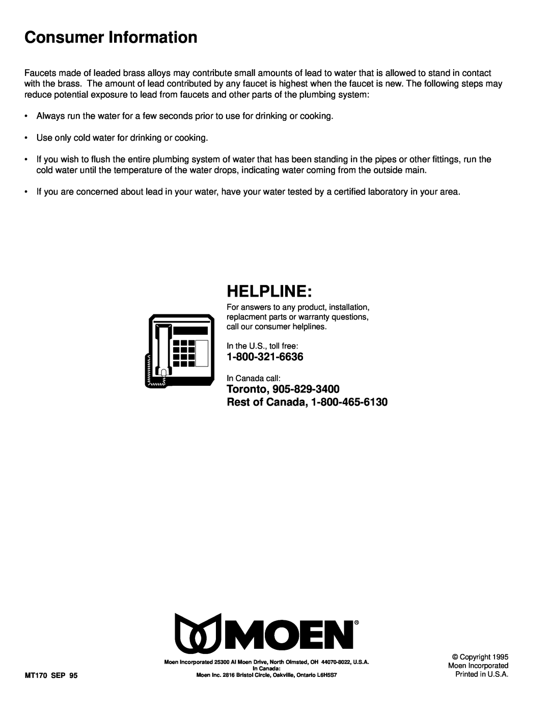 Moen 8700, 7300 installation instructions Consumer Information, Helpline, Toronto, Rest of Canada 