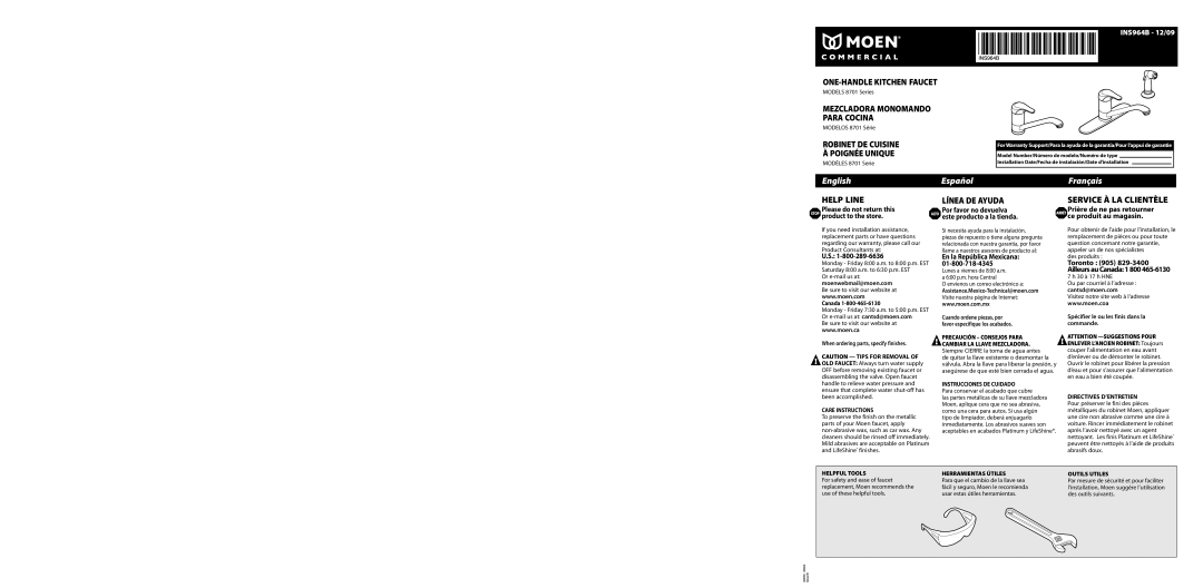 Moen 8701 warranty Canada, When ordering parts, specify finishes, En la República Mexicana 