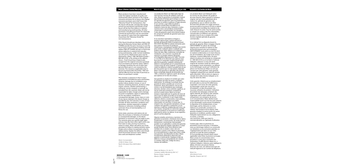 Moen 8701 warranty Moen Lifetime Limited Warranty, Garantie à vie limitée de Moen, INS964B 12/09 