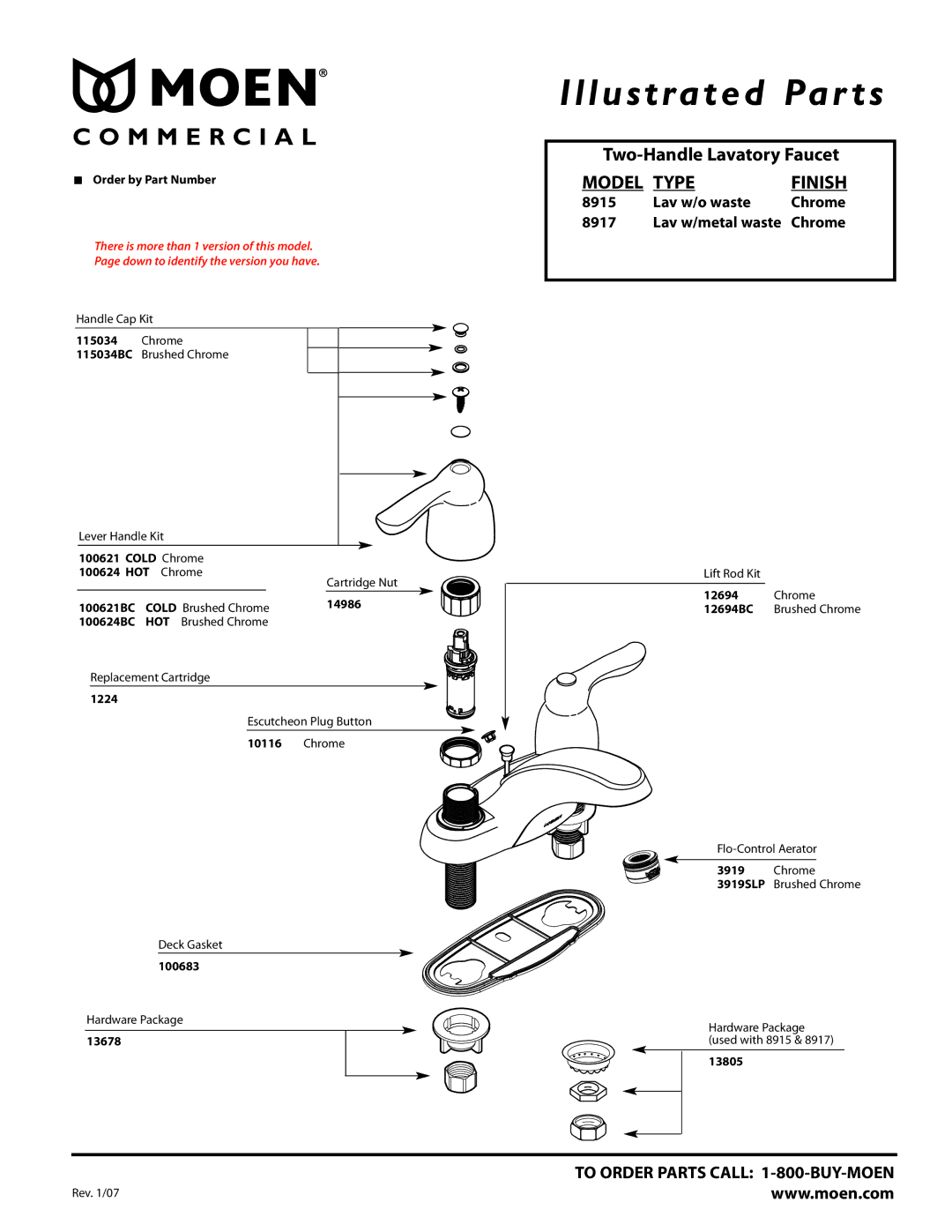 Moen 8915, 8917 manual Illustrated Par ts, M M E R C I a L, Model Type, Finish 