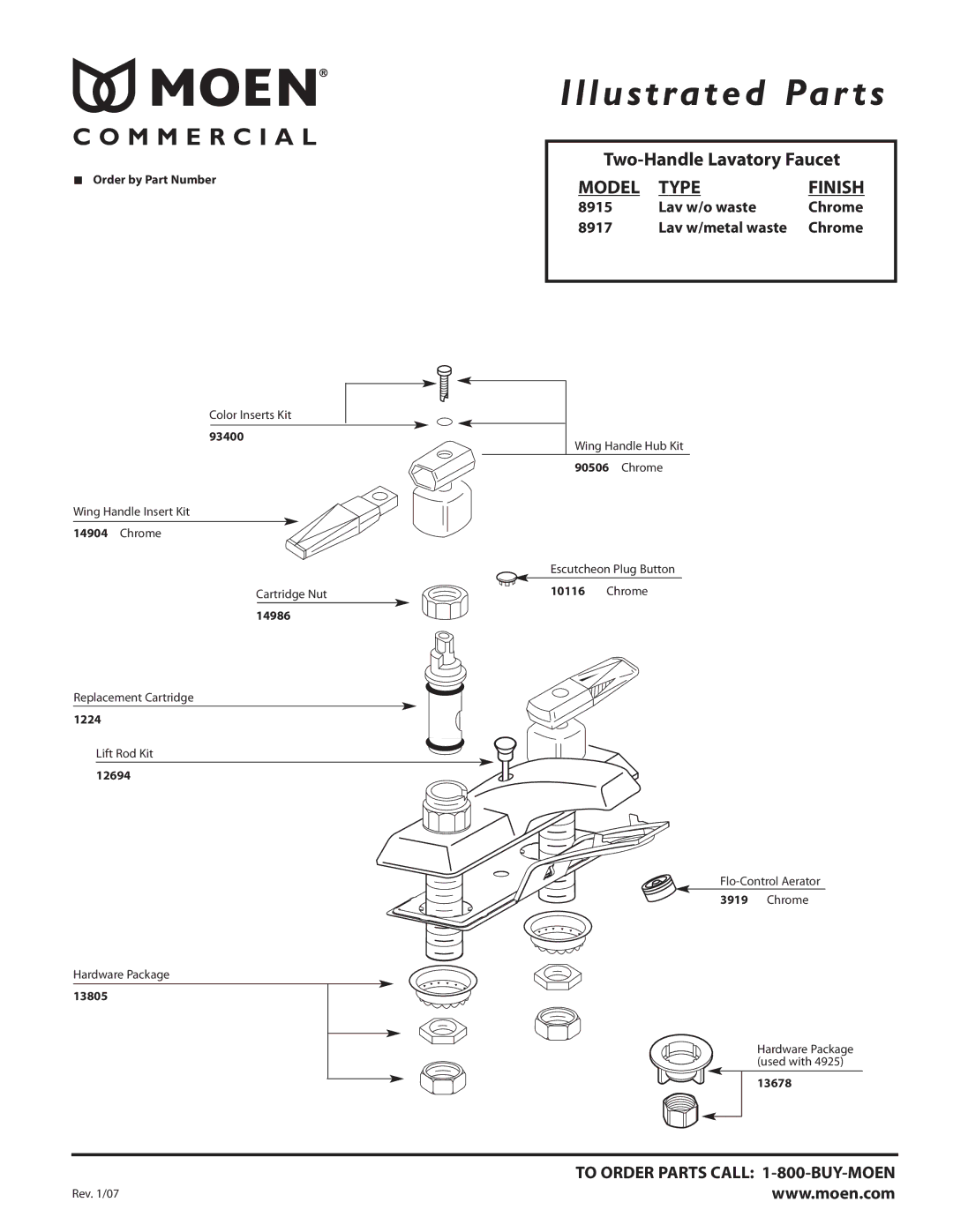 Moen 8917, 8915 manual Lav w/metal waste 