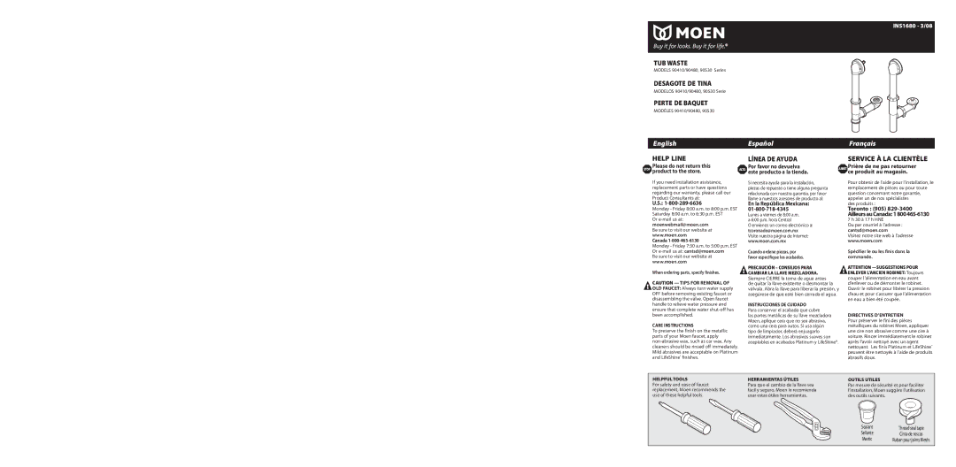 Moen 90410, 90480 warranty TUB Waste 