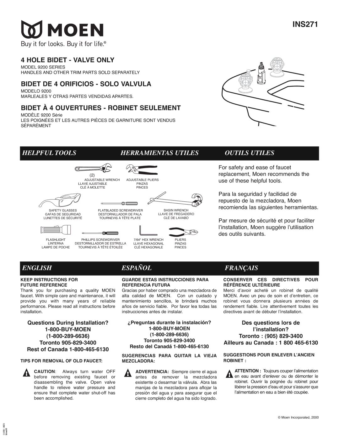 Moen 9200 manual Helpful Tools, Outils Utiles, English Español Français, Tips for Removal of OLD Faucet 