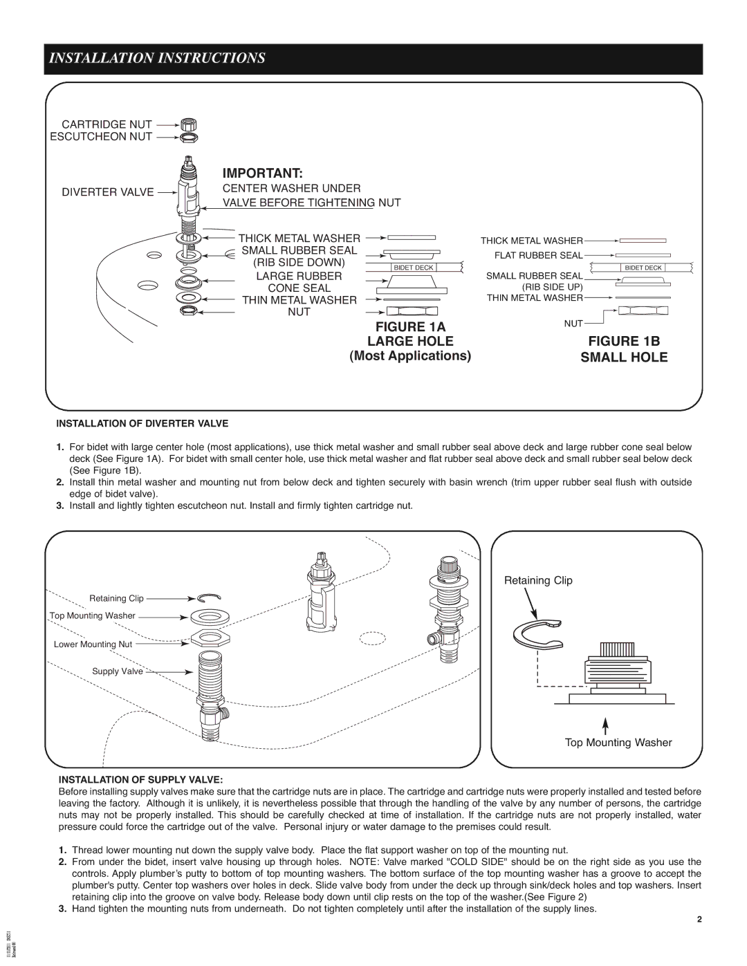 Moen 9200 manual Installation Instructions, Small Hole, Retaining Clip, Top Mounting Washer 