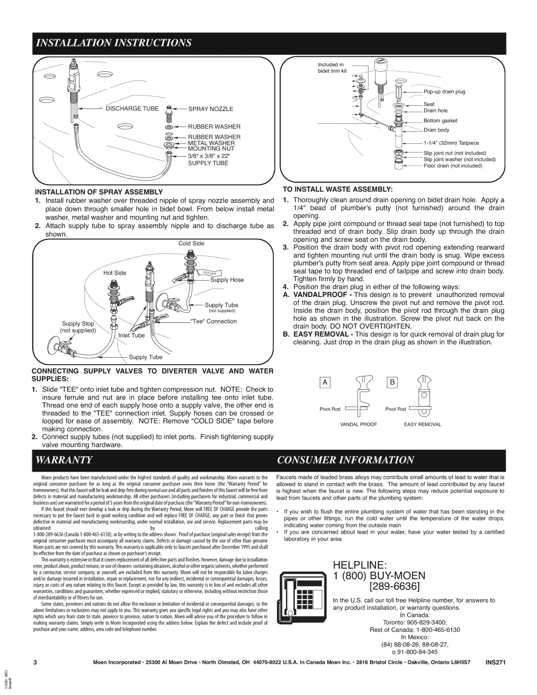 Moen 9200 manual Warranty Consumer Information, Helpline, Installation Of Spray Assembly, To Install Waste Assembly 