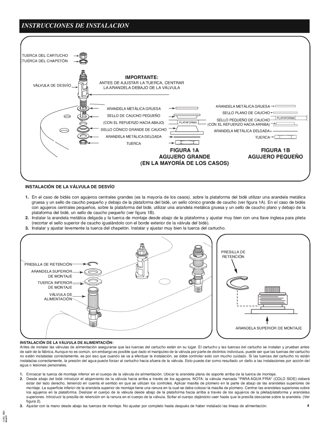 Moen 9200 manual Instrucciones DE Instalacion, Instalación DE LA Válvula DE Desvío, PRESILLARetainingDE RETENCIÓNClip 