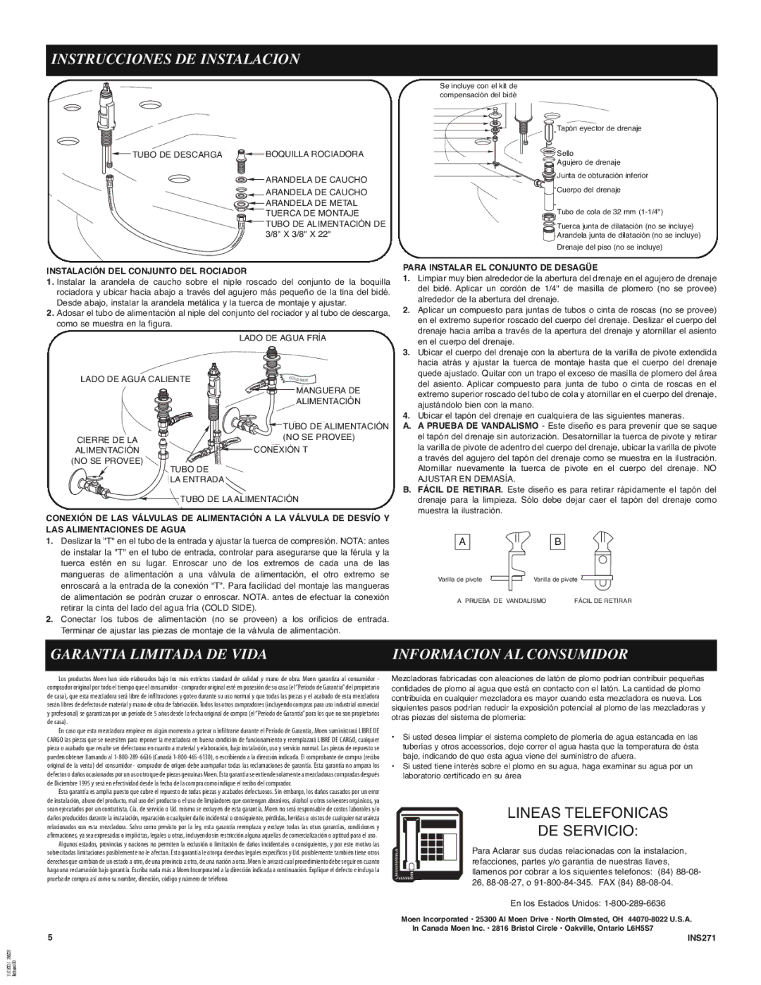 Moen 9200 manual Garantia Limitada DE Vida Informacion AL Consumidor, Lineas Telefonicas DE Servicio, X 3/8 X 