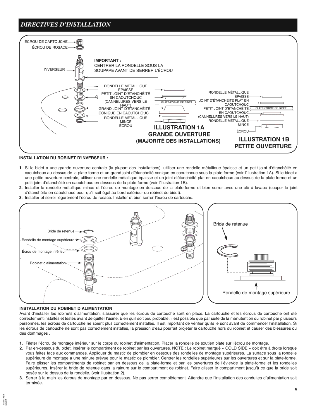 Moen 9200 manual Directives D’INSTALLATION, Grande Ouverture Illustration 1B, Petite Ouverture, Bride de retenue 