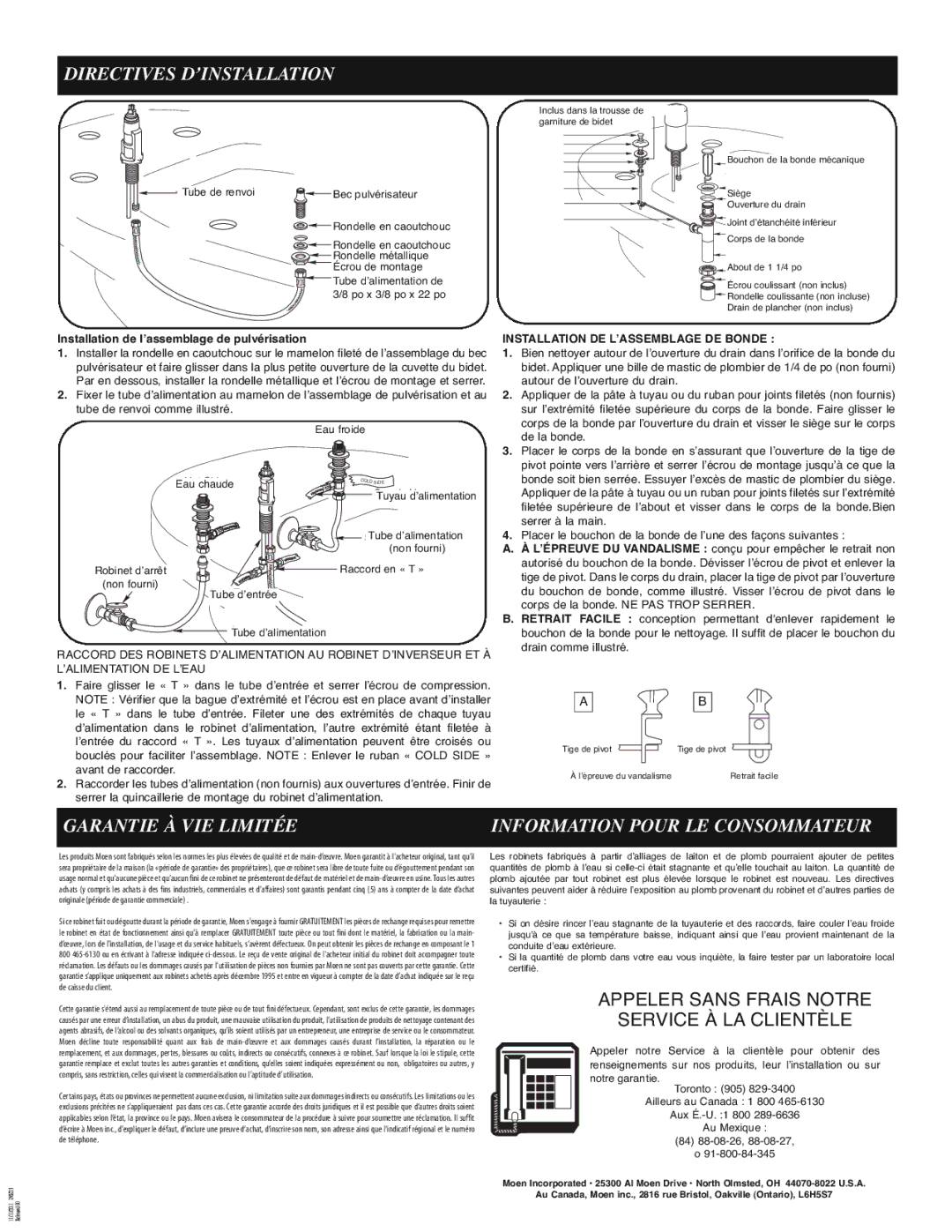 Moen 9200 manual Garantie À VIE Limitée Information Pour LE Consommateur, Appeler Sans Frais Notre Service À LA Clientèle 