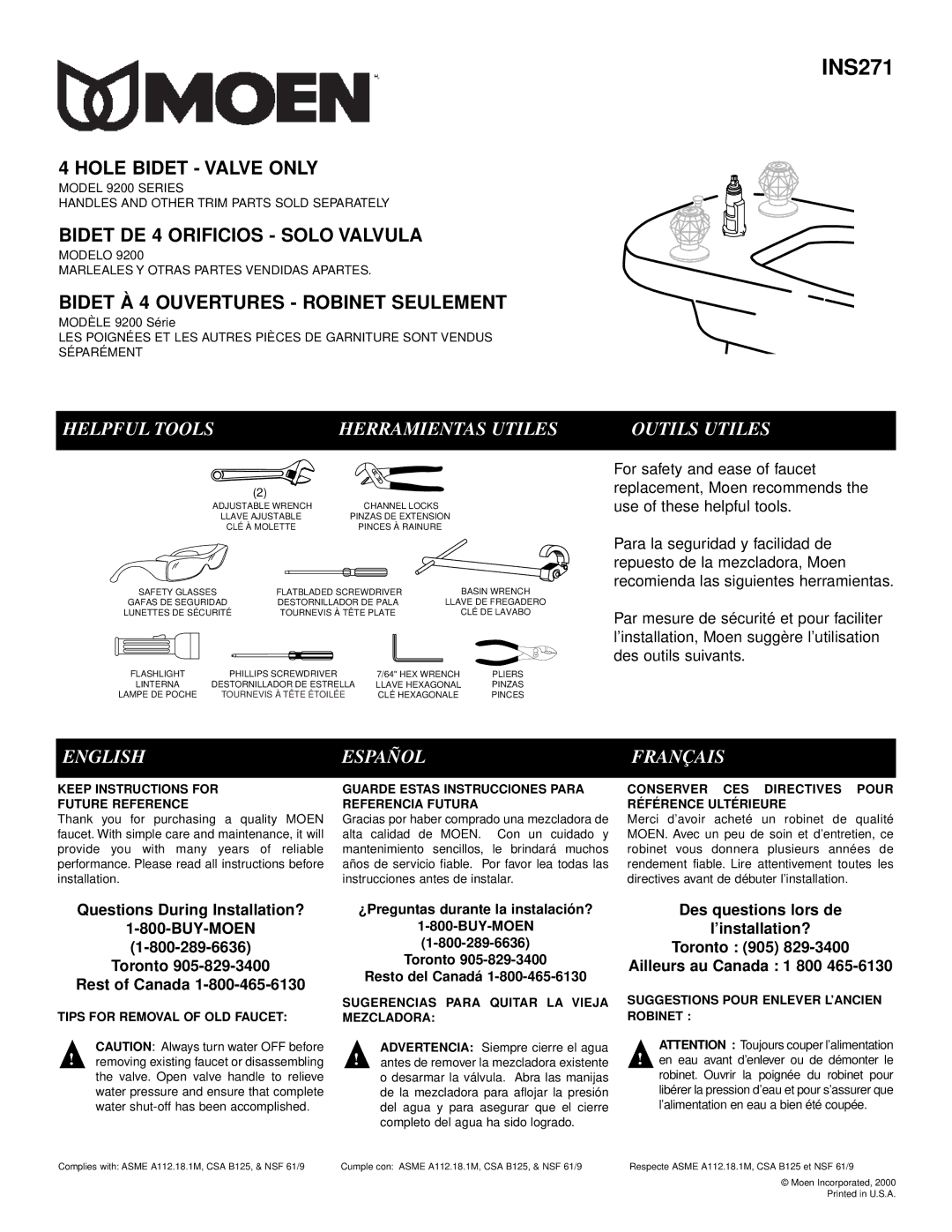 Moen 9200 manual Helpful Tools, Outils Utiles, English Español Français 