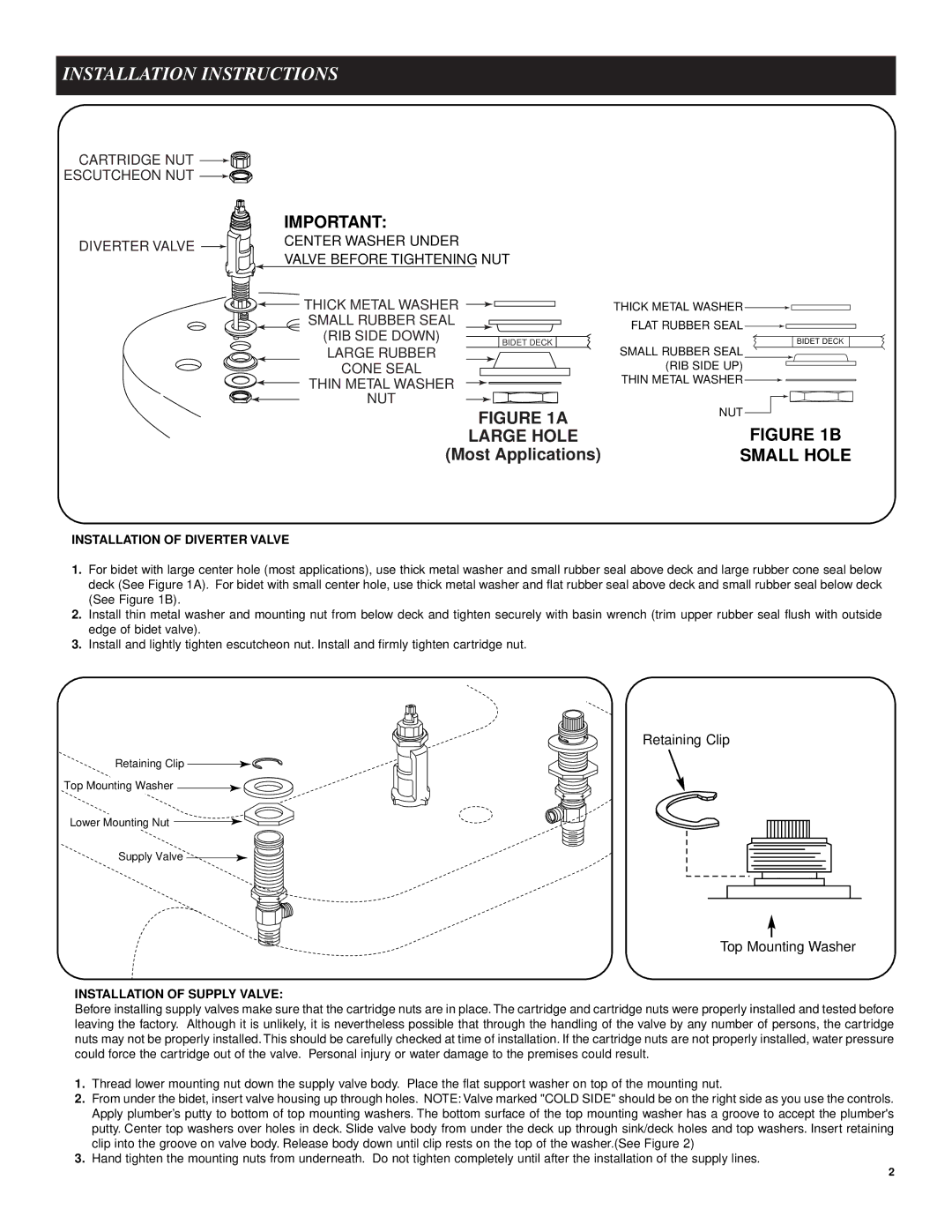 Moen 9200 manual Installation Instructions, Small Hole, Retaining Clip, Top Mounting Washer 