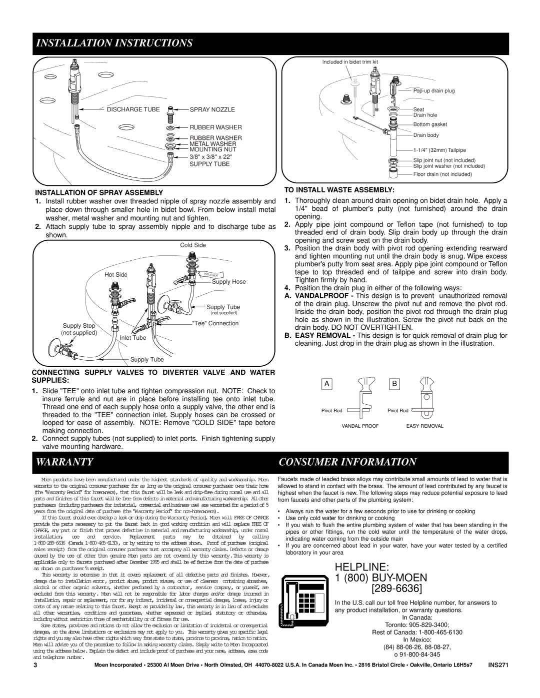 Moen 9200 manual Warranty Consumer Information, Helpline, Installation of Spray Assembly, To Install Waste Assembly 