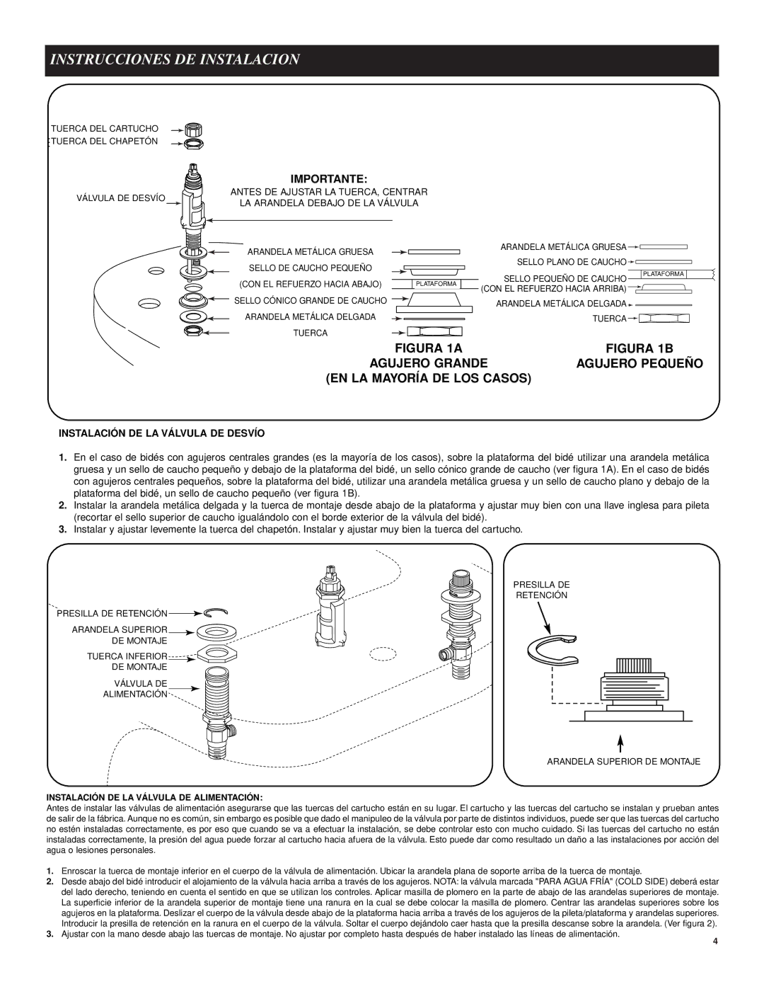 Moen 9200 Instrucciones DE Instalacion, Instalación DE LA Válvula DE Desvío, Instalación DE LA Válvula DE Alimentación 