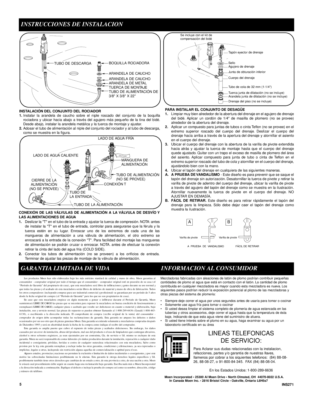 Moen 9200 manual Garantia Limitada DE Vida Informacion AL Consumidor, Lineas Telefonicas DE Servicio 