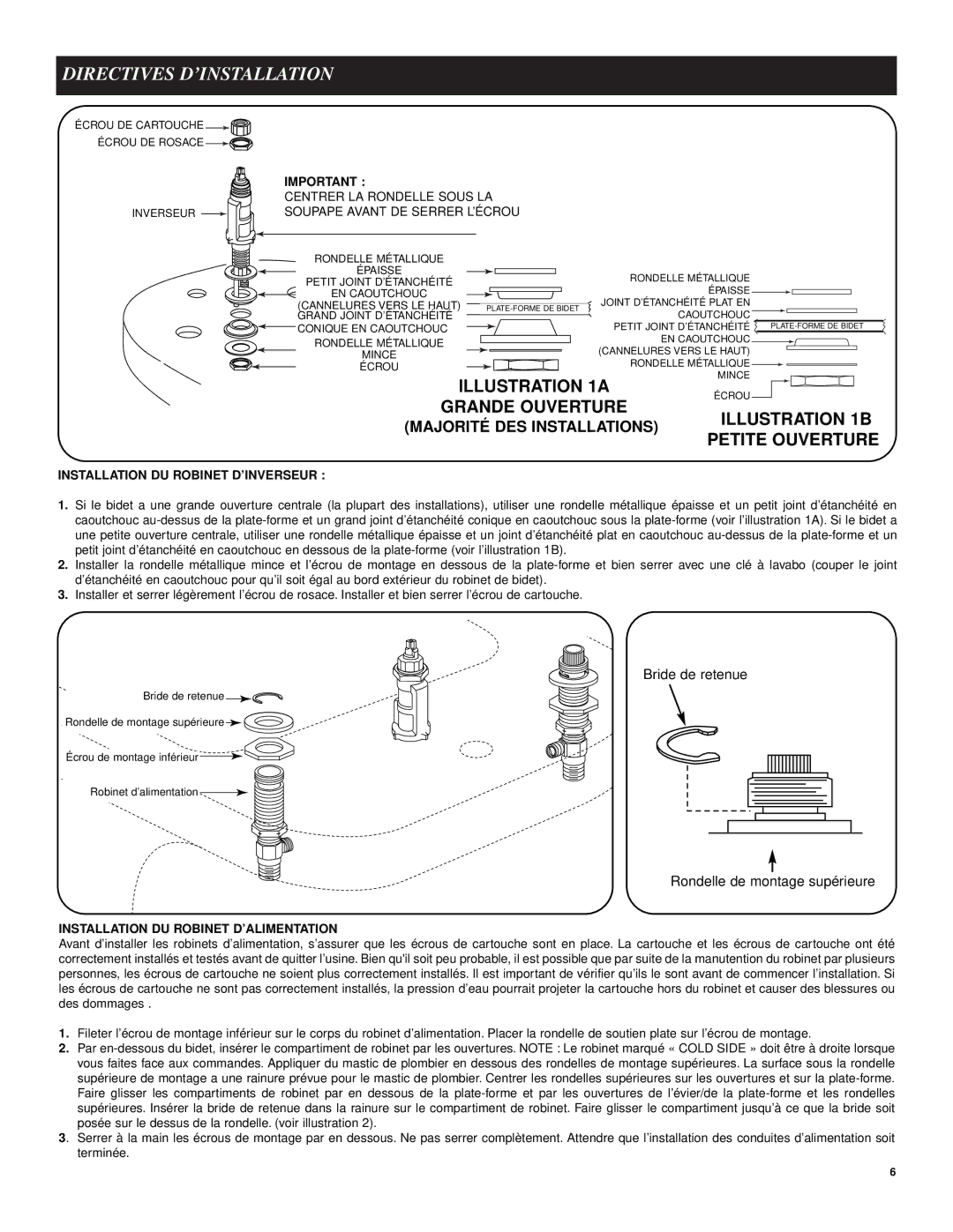 Moen 9200 Directives D’INSTALLATION, Grande Ouverture Illustration 1B, Bride de retenue, Rondelle de montage supérieure 