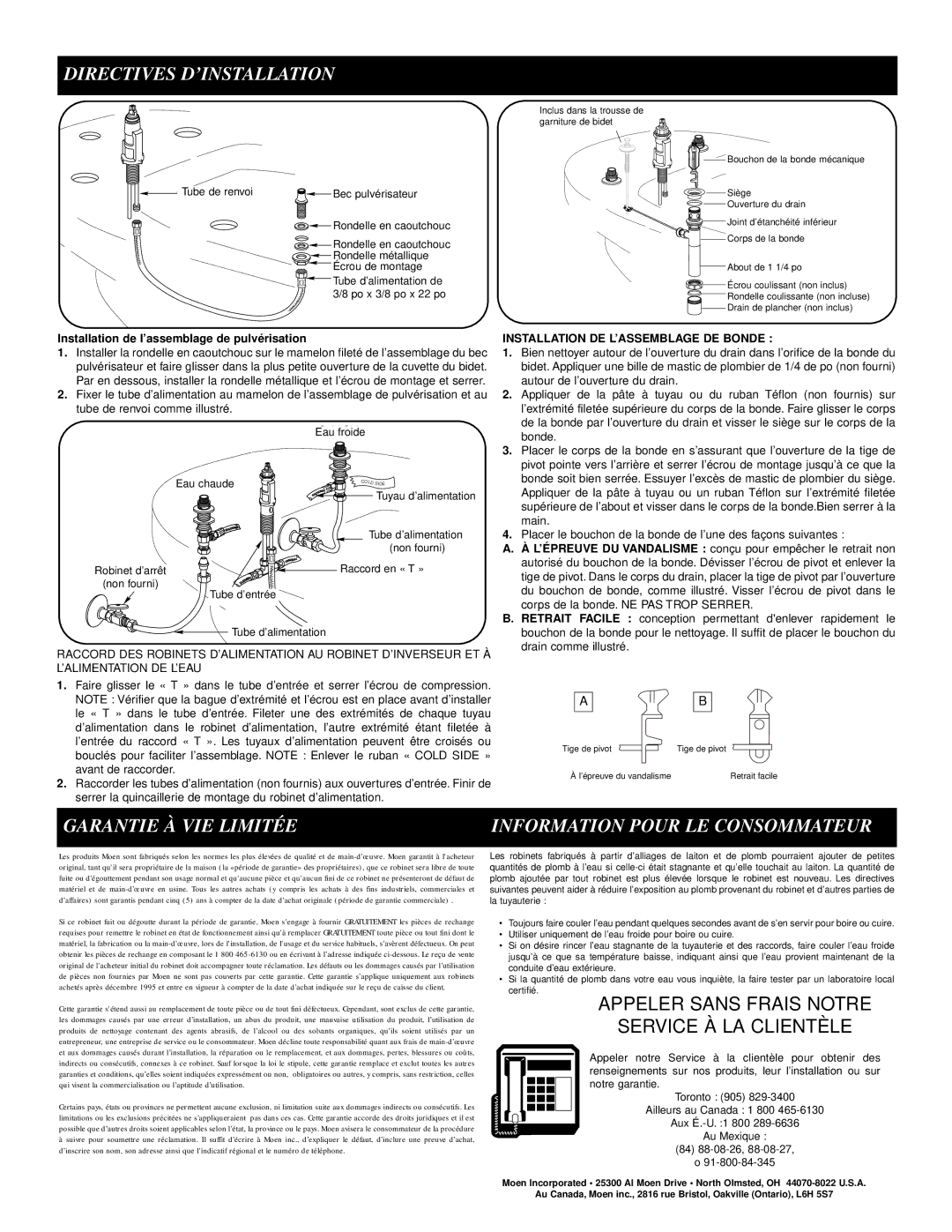 Moen 9200 manual Garantie À VIE Limitée Information Pour LE Consommateur, Appeler Sans Frais Notre Service À LA Clientèle 