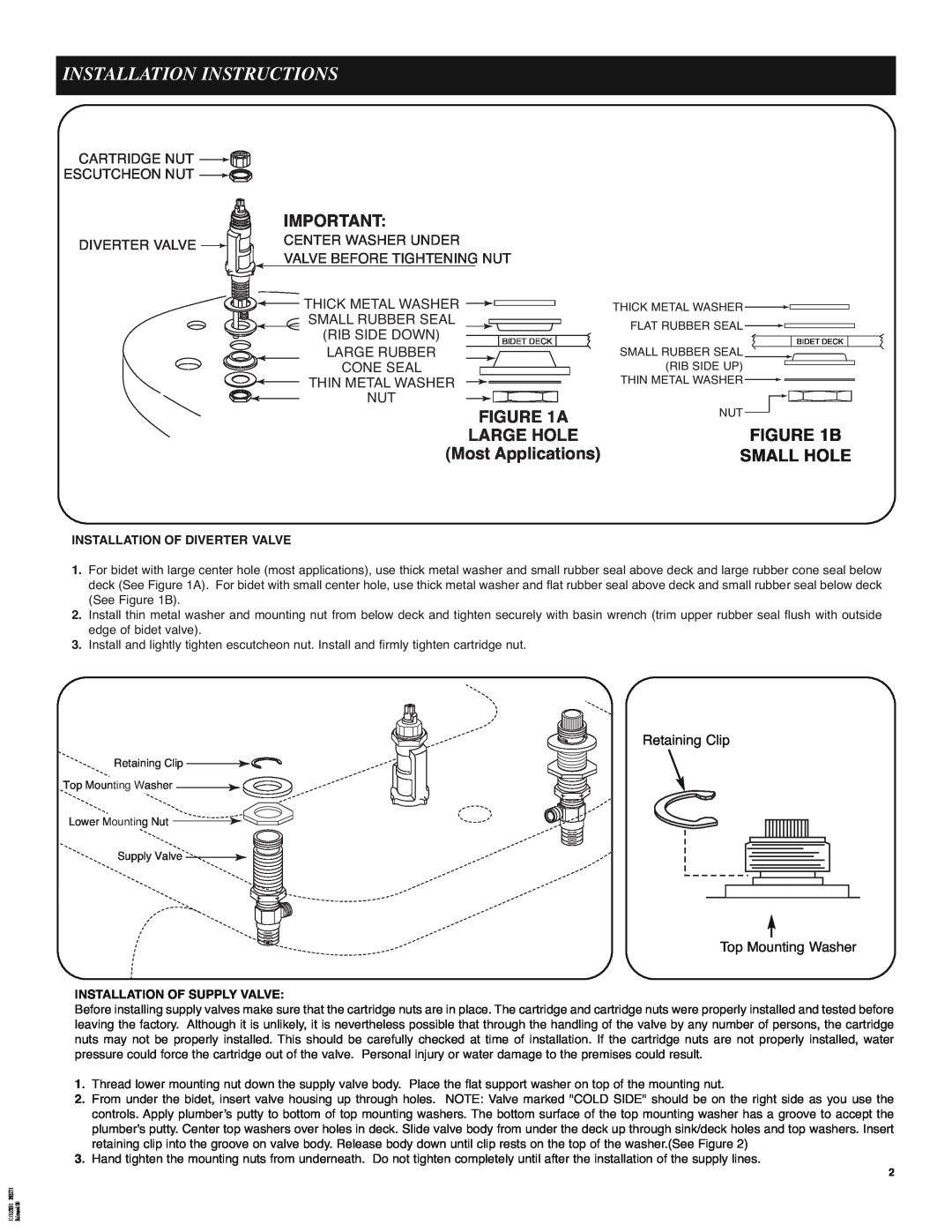 Moen 9200 Installation Instructions, Small Hole, Large Hole, B, Most Applications, Retaining Clip, Top Mounting Washer 