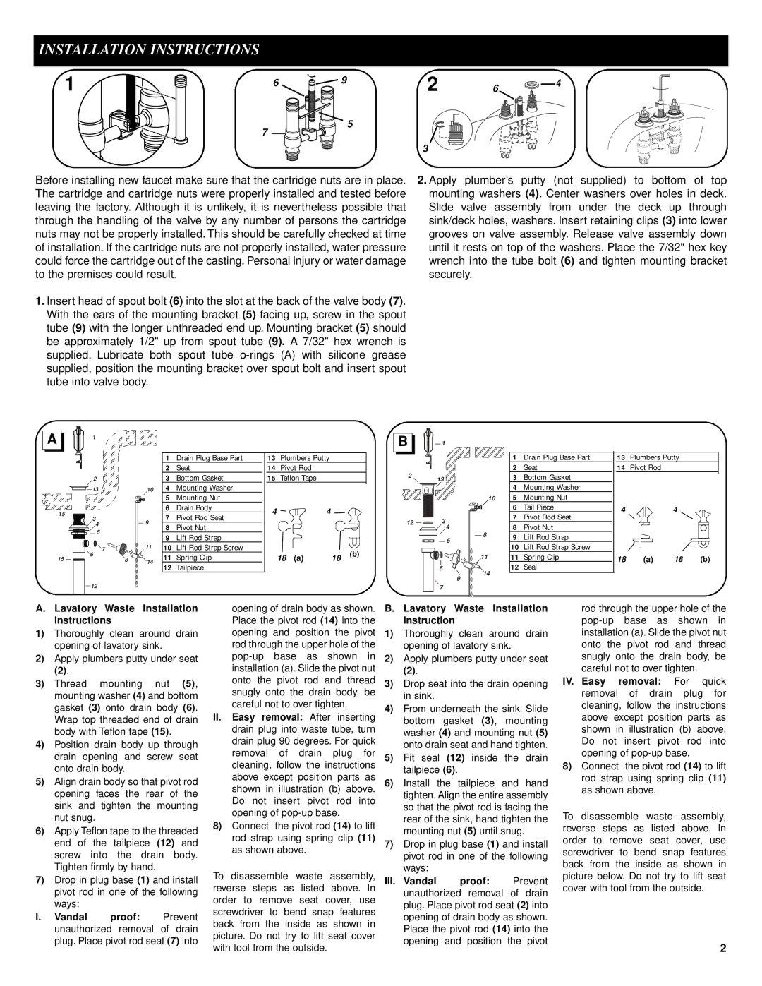 Moen 9300 manual Lavatory Waste Installation Instructions, III. Vandal Proof 