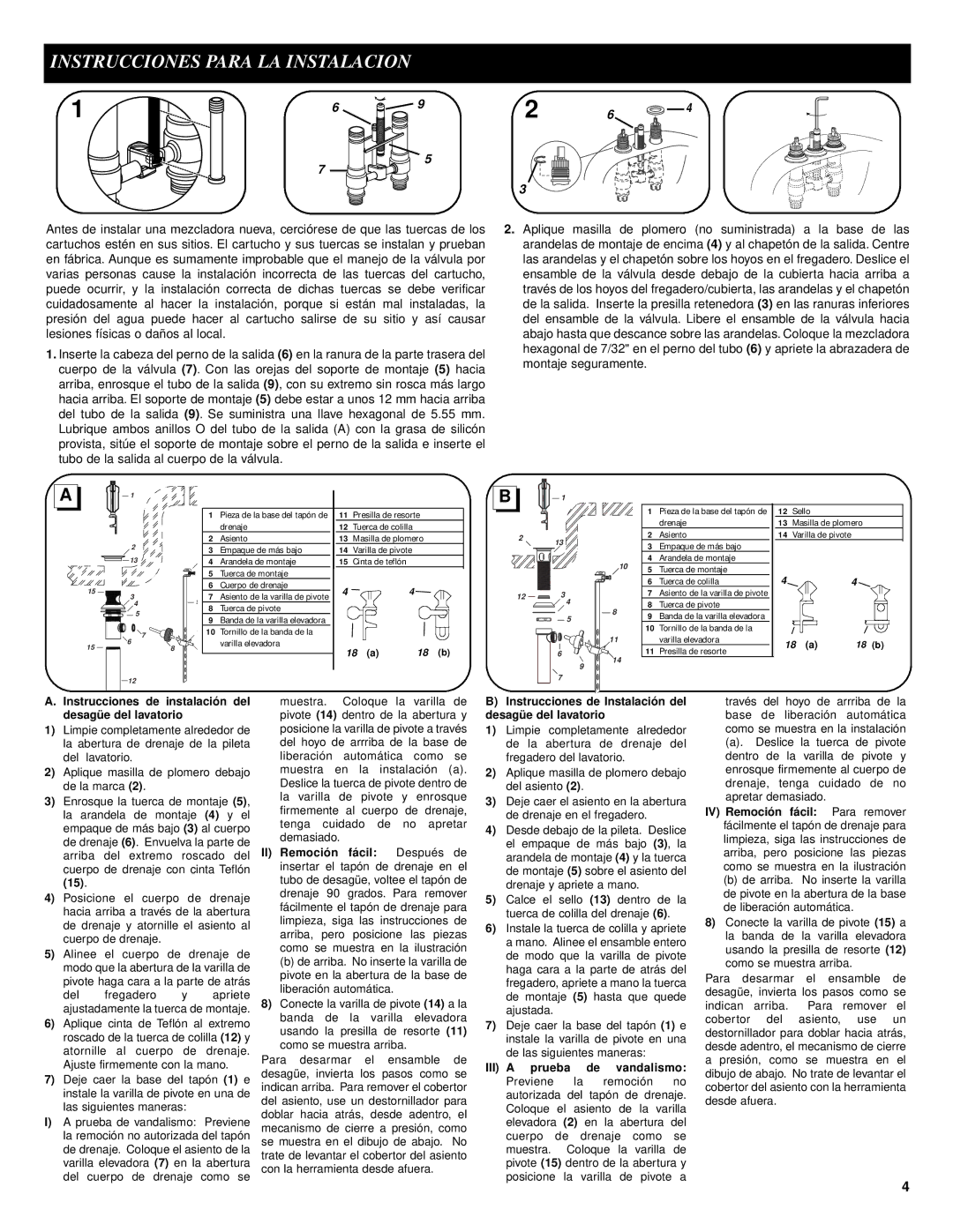 Moen 9300 manual Instrucciones Para LA Instalacion, 18 a 18 b 