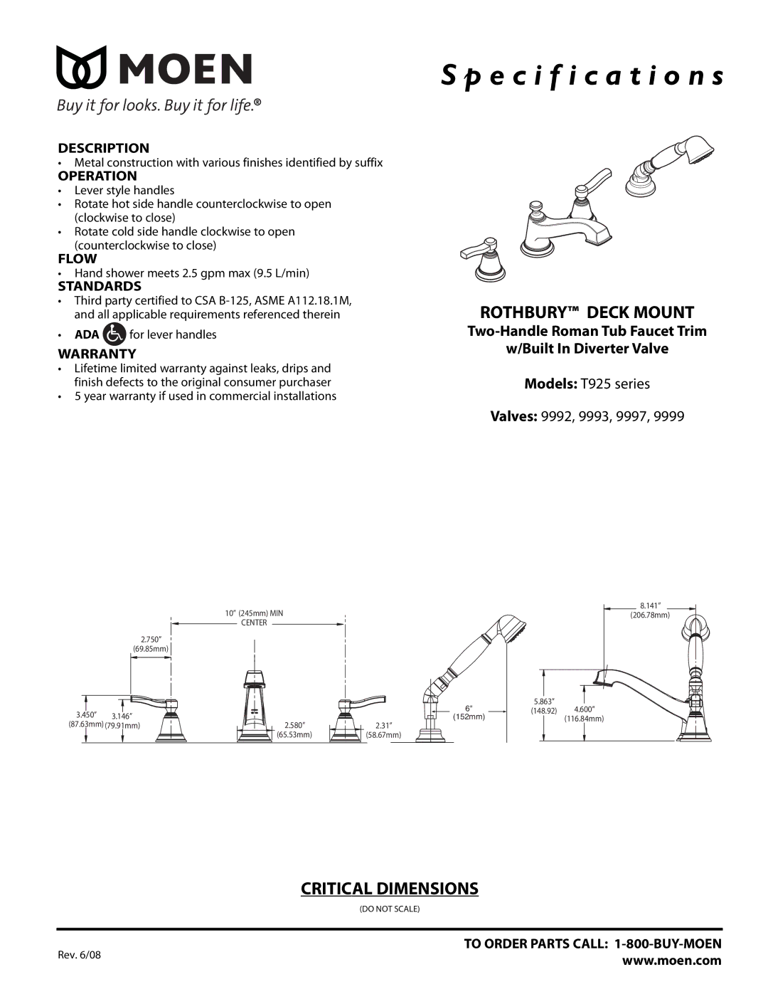 Moen 9992, 9999, 9993, 9997 specifications Specification s, Rothbury Deck Mount, Critical Dimensions 