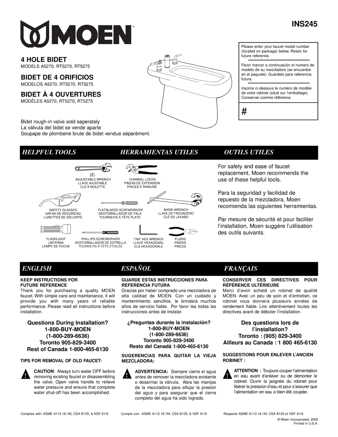 Moen RT5270, A5270, RT5275 manual Helpful Tools, Outils Utiles, English Español Français 