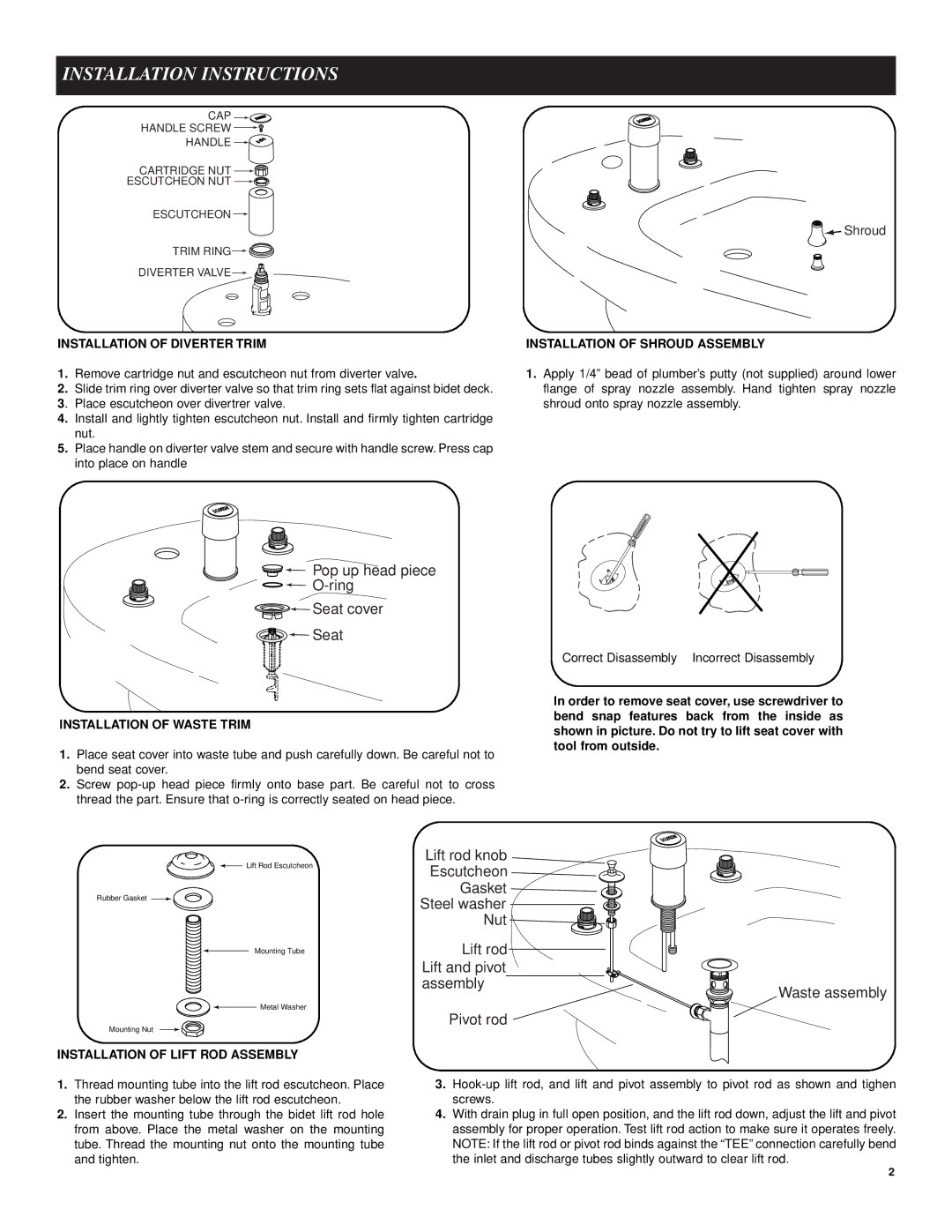 Moen A5270, RT5270, RT5275 manual Installation Instructions, Installation of Diverter Trim, Installation of Shroud Assembly 