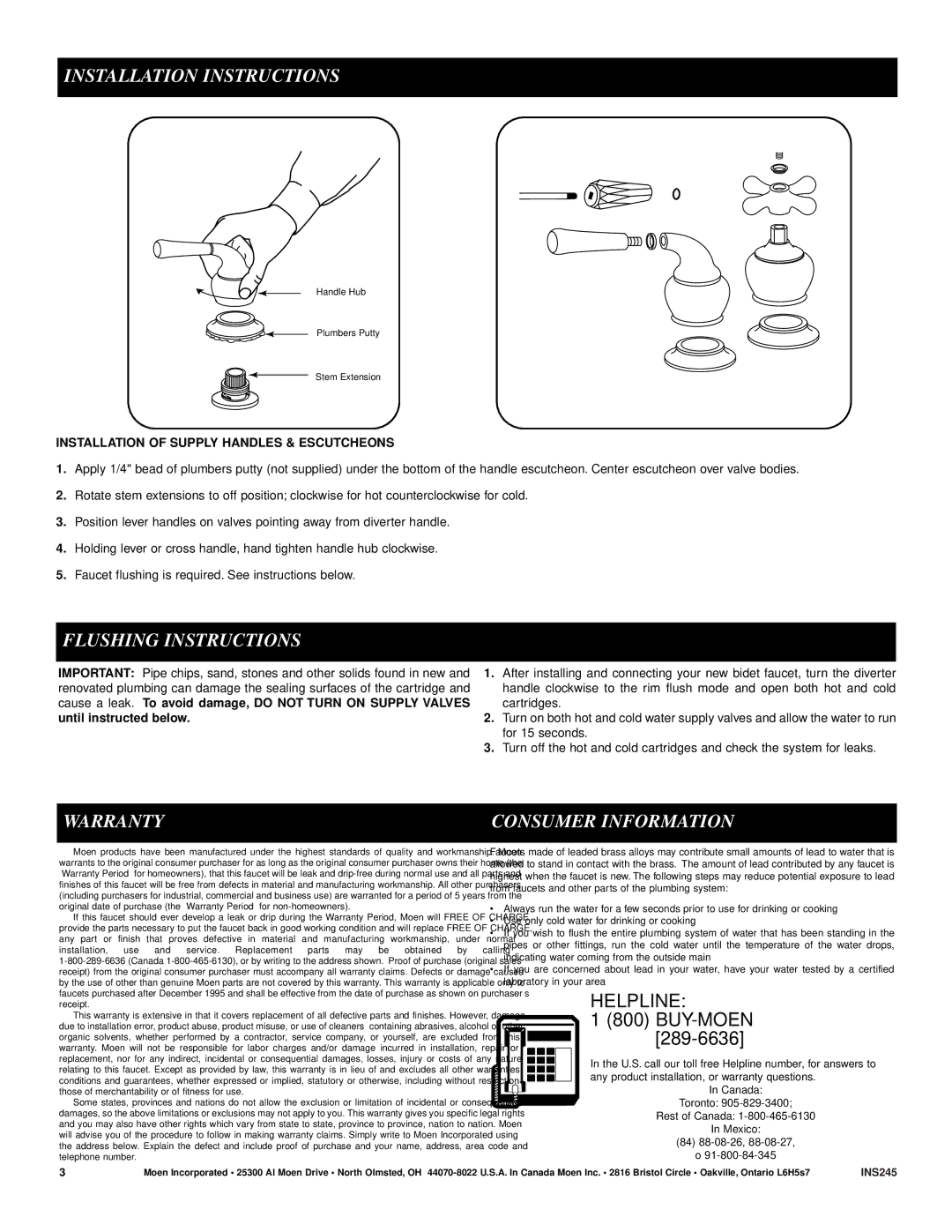 Moen RT5270 Flushing Instructions, Warranty Consumer Information, Helpline, Installation of Supply Handles & Escutcheons 