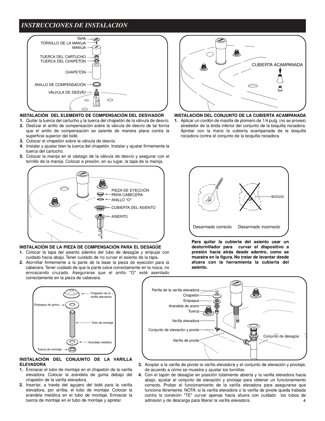 Moen RT5275, A5270, RT5270 manual Instrucciones DE Instalacion, Instalación DEL Elemento DE Compensación DEL Desviador 