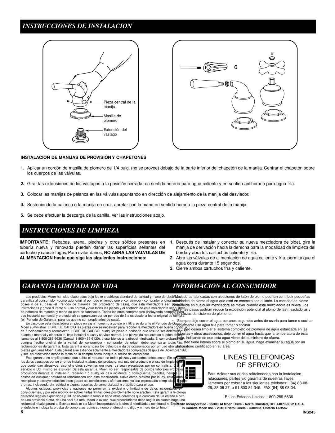 Moen A5270 Instrucciones DE Limpieza, Garantia Limitada DE Vida Informacion AL Consumidor, Lineas Telefonicas DE Servicio 