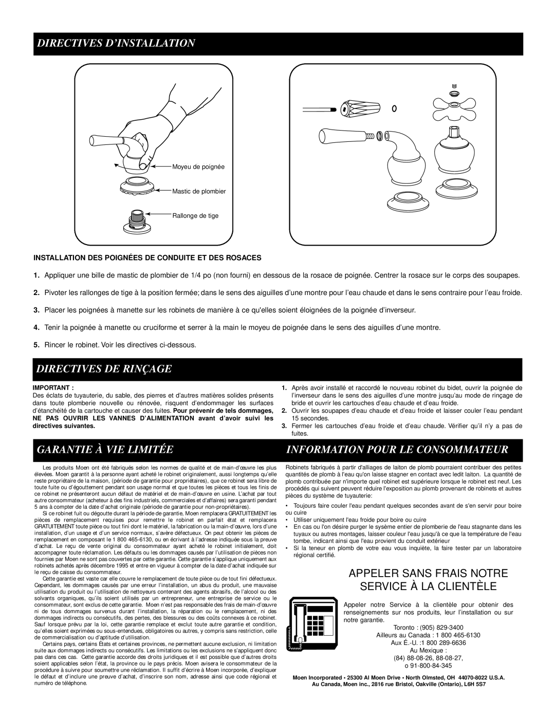 Moen RT5275, A5270, RT5270 manual Directives DE Rinçage, Garantie À VIE Limitée Information Pour LE Consommateur 