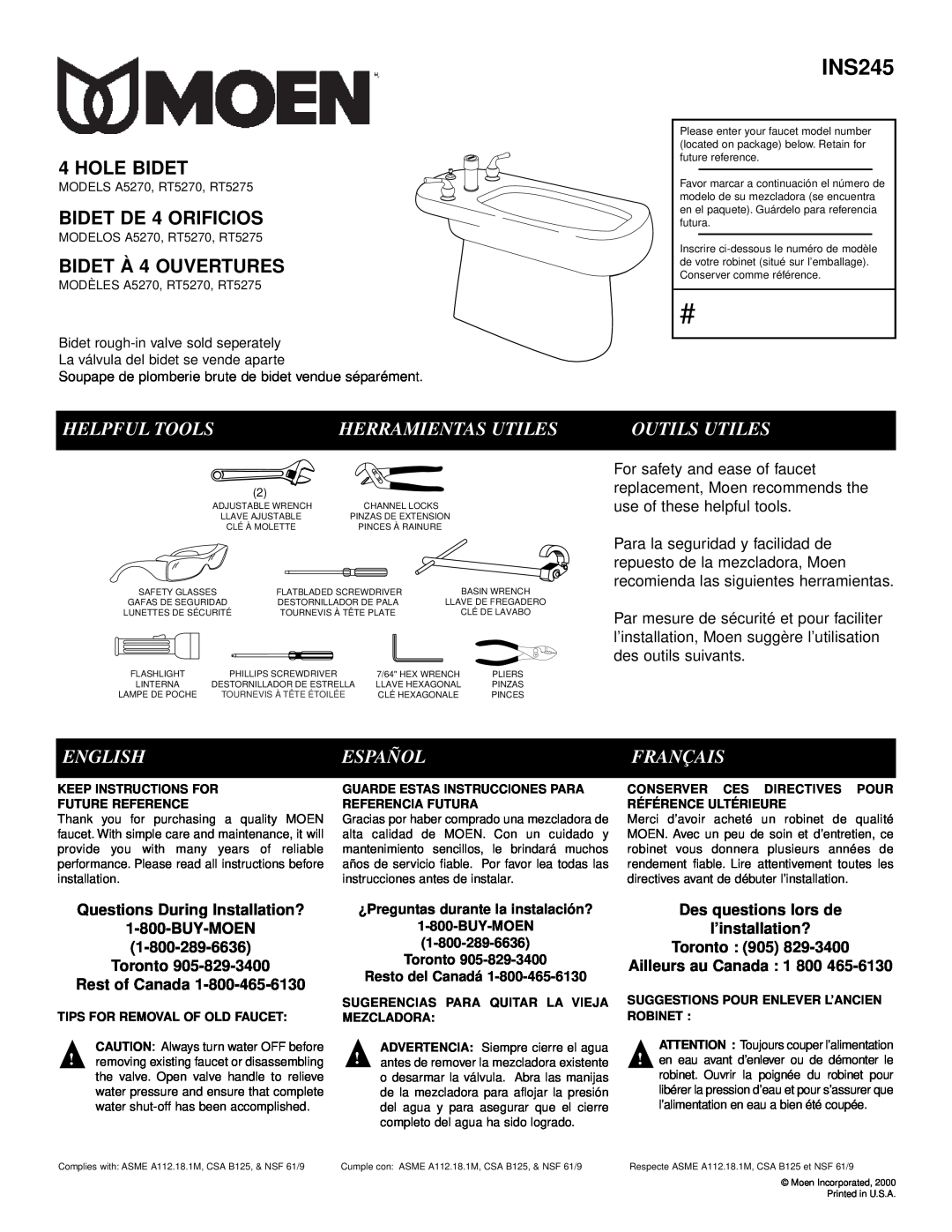 Moen RT5270 manual Helpful Tools, Outils Utiles, English, Español, Français, INS245, Hole Bidet, BIDET DE 4 ORIFICIOS 