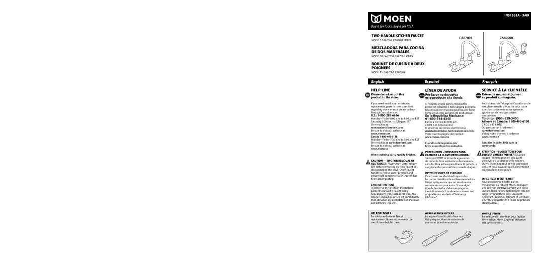 Moen warranty Modéles CA87000, CA87001, Envíenos un correo electrónico a, Visite nuestra página de Internet 