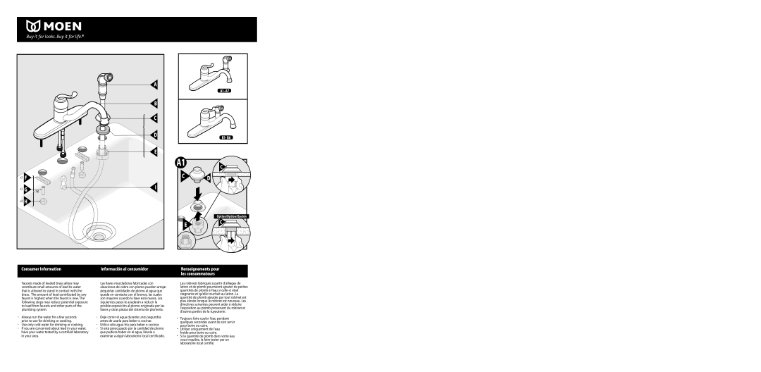 Moen CA87524, CA87520 warranty A1- A7 B1- B6, Utilice sólo agua fría para beber o cocinar 