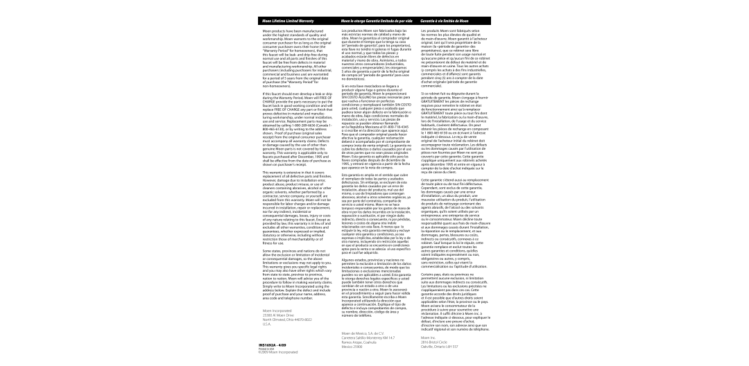 Moen CA87524, CA87520 warranty Moen Lifetime Limited Warranty, Garantie à vie limitée de Moen, INS1692A 4/09 