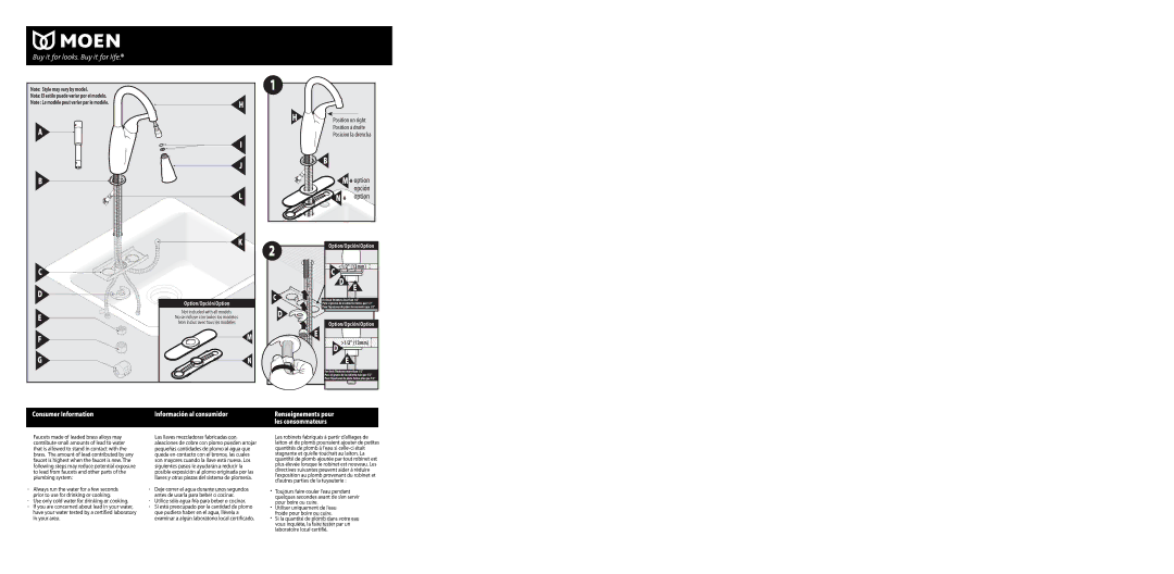 Moen CA87559 warranty Option, Utilice sólo agua fría para beber o cocinar 