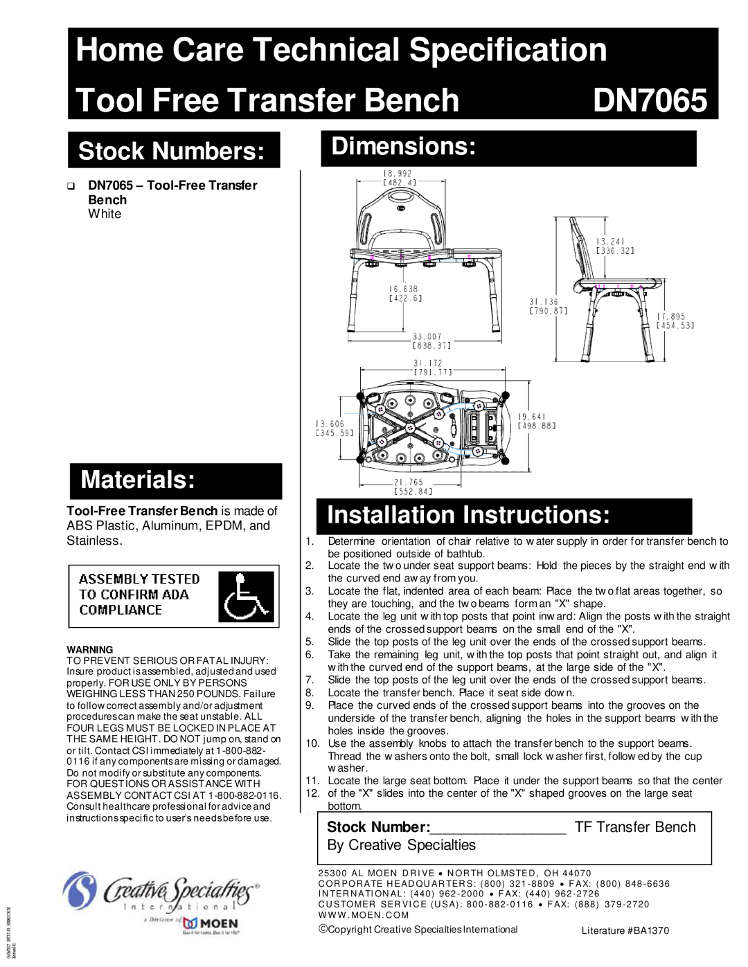 Moen DN7065 installation instructions Tool Free Transfer Bench, Stock Numbers, Materials 