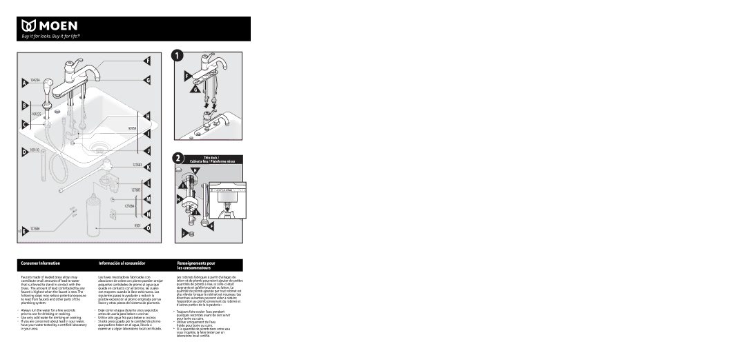 Moen F87420, F87424 warranty Thin deck, Utilice sólo agua fría para beber o cocinar 