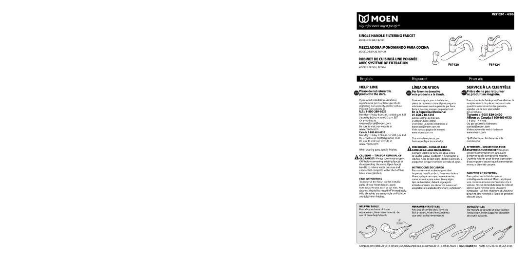 Moen F87424, F87420 warranty 18B 