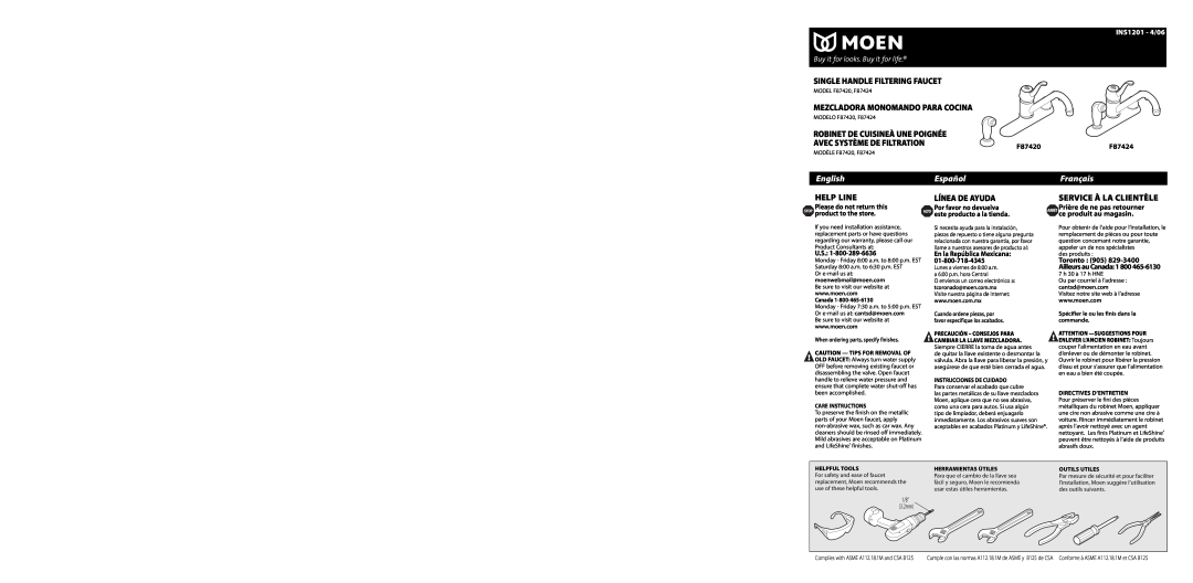Moen F87424 warranty English, Español, Français, INS1201 - 4/06, Single Handle Filtering Faucet, Help Line, Línea De Ayuda 