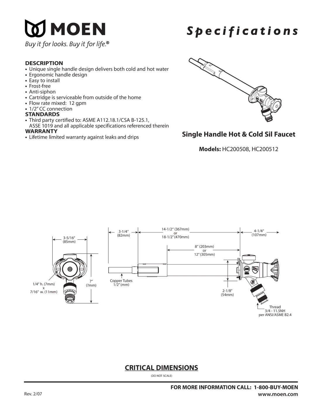 Moen HC200512, HC200508 specifications Specification s, Single Handle Hot & Cold Sil Faucet 