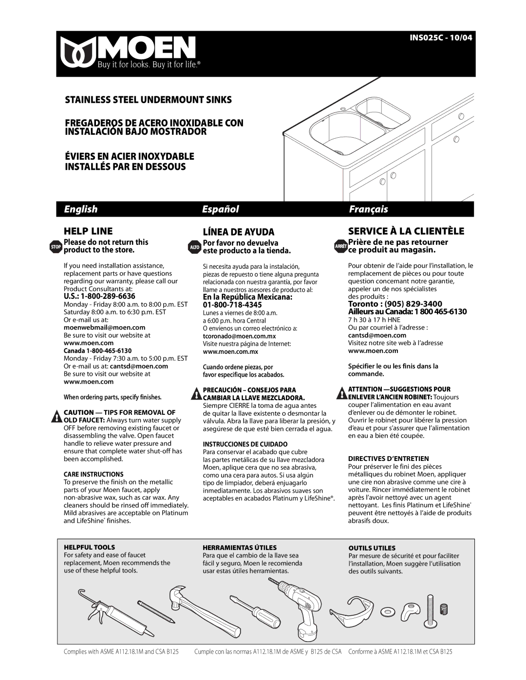 Moen INS025C - 10/04 warranty Canada, En la República Mexicana 