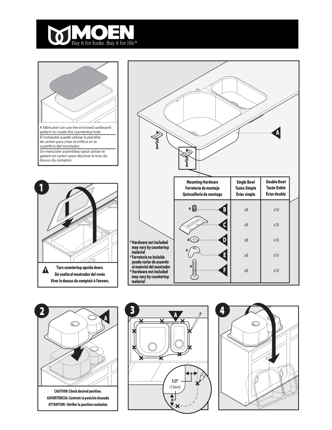 Moen INS025C - 10/04 warranty Turn countertop upside down Dé vuelta el mostrador del revés, Material 